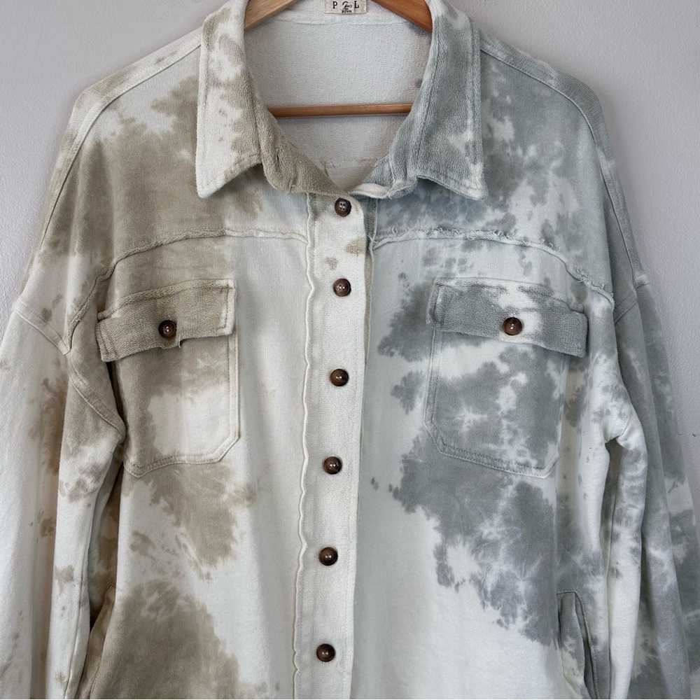 POL Cotton Tie-Dye Shacket Jacket Balloon Sleeves Button Front Pockets Large - Picture 3 of 15